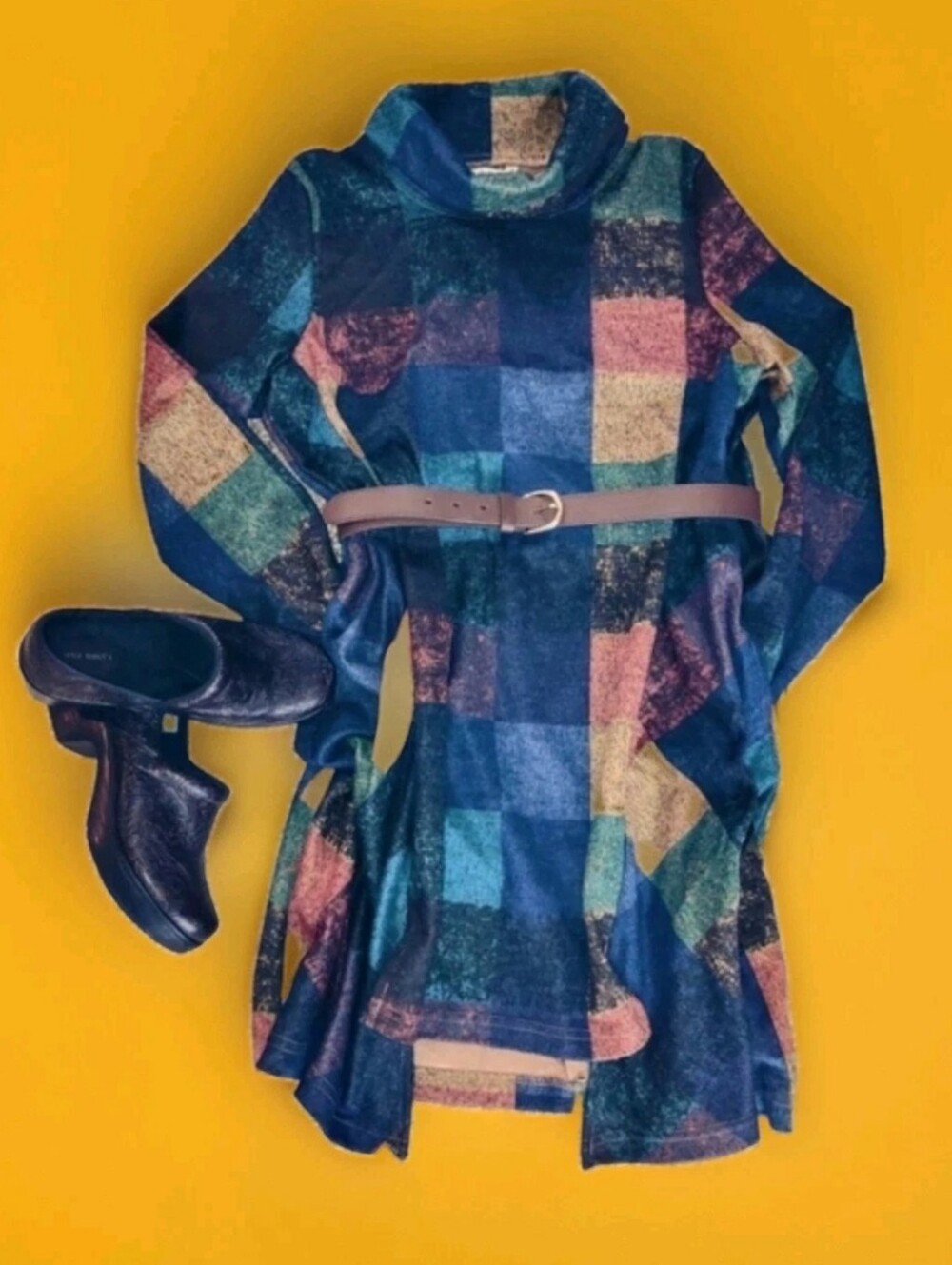 Cangmumayi Women's Size L Dress Tunic Black Blues Tans Long Sleeves Hi Lo Hem
